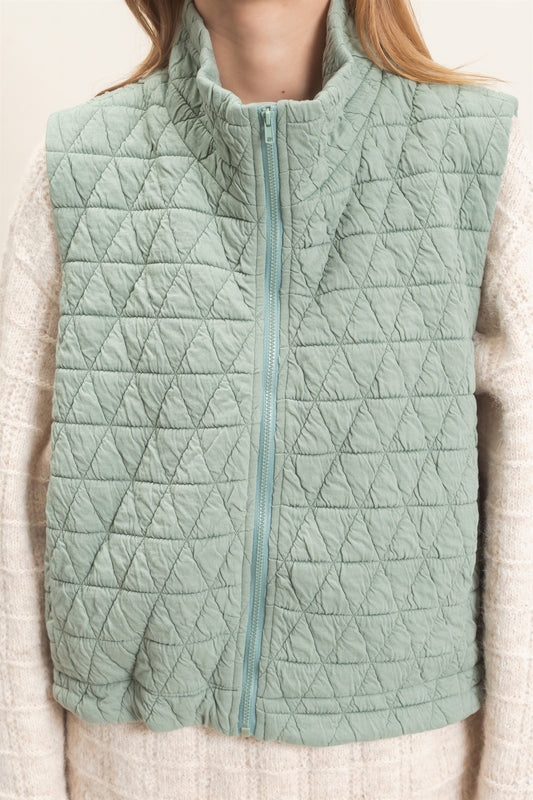 Geometric Quilted High Neck Zip Vest